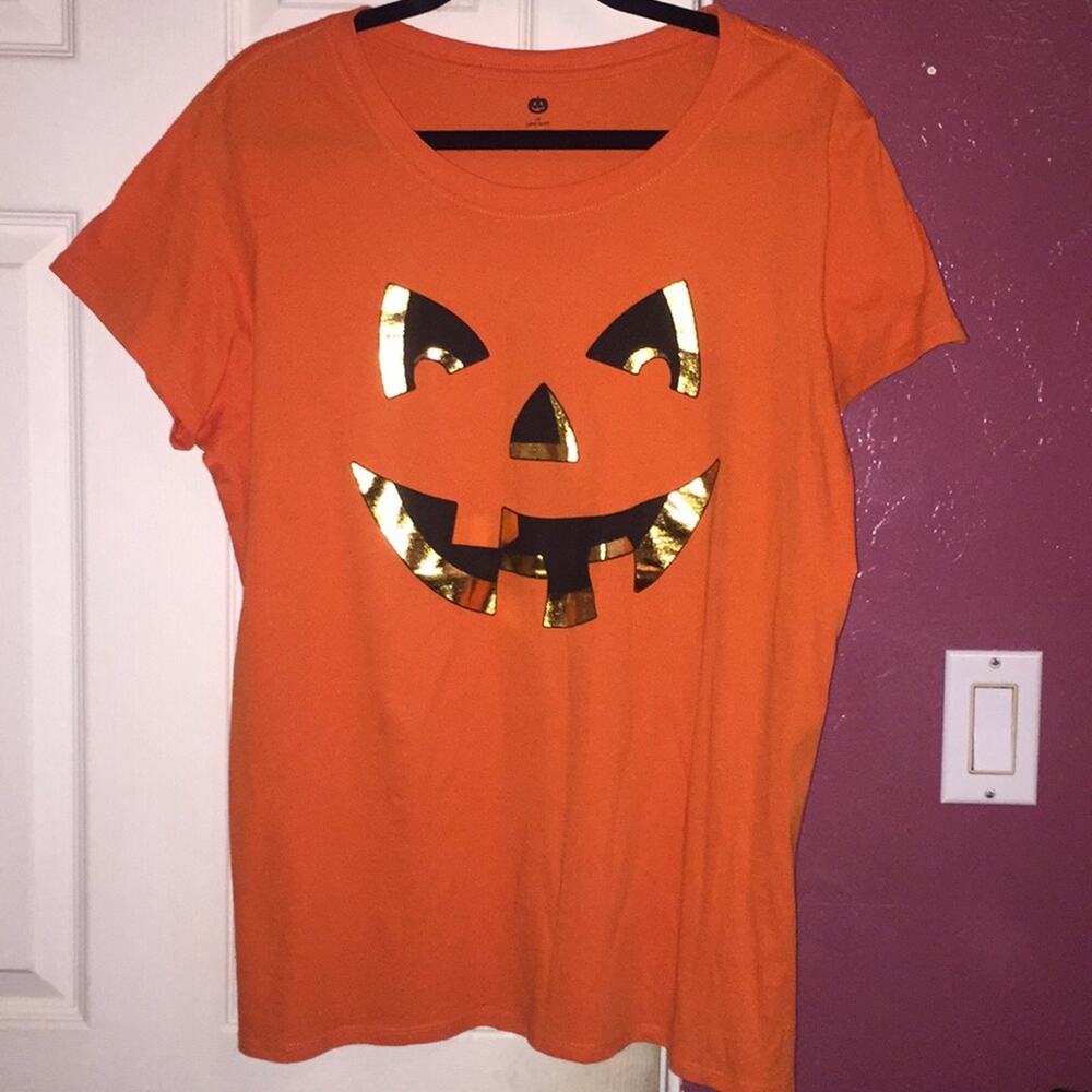 Halloween Orange Pumpkin Face Gold Foil Shirt 18/20W